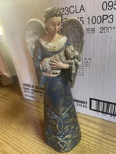 Angel Figurine Holding Lamb • Rustic Distressed Finish • 10” Tall