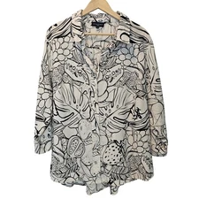 Cynthia Rowley White Black Linen Blend Fruit Print Button Down Top Size 3X