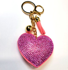 Heart Rhinestone Pink Bling Bag Charm Keychain Tassel Shimmer NEW