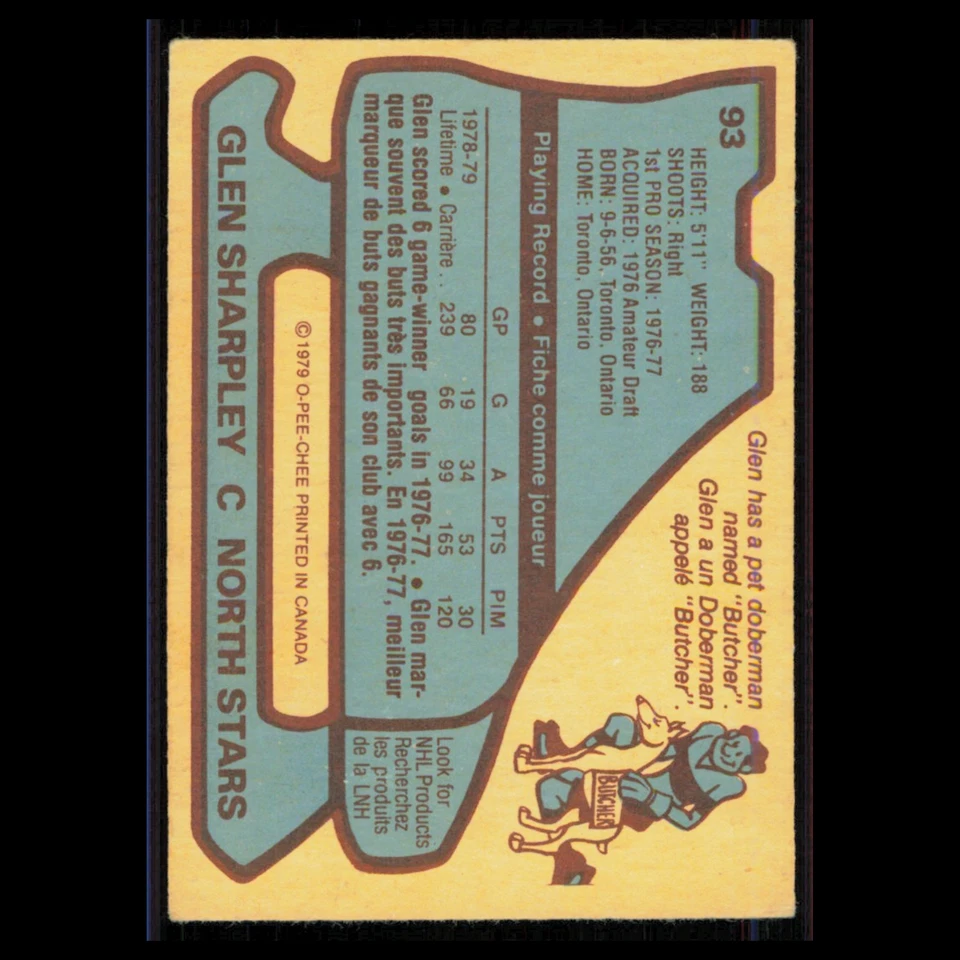 Glen Sharpley #93 1979 O-Pee-Chee Minnesota North Stars Hockey Card NHL EX - Image 2 of 3