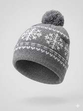 Winter Knit Beanie Hat Gray White Snowflake Pompom Unisex Cosy Warm Cap NWOT