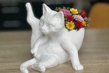 Yoga Cat" 3D Printed Flower Pot - Quirky White Planter for Small Plants