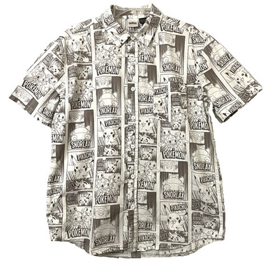 Pokémon Manga Men's Gray White Panel Comic Strip S/S Button Down Casual Shirt M
