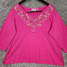 Quacker Factory Floral Top Sz XL Pink Green Rhinestone Beaded Embroidered NWOT 