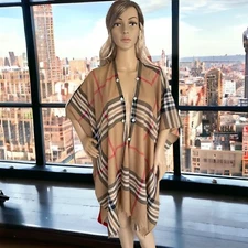 FRAAS Nova Check Camel Plaid Scarf Wrap Poncho Duster Cover Up light sheer 1sz