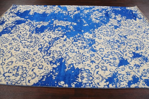 Abstract Wool/ Silk Floral Art & Craft Area Rug BLUE/ SILVER Hand-knotted 6'x9' - Picture 9 of 12