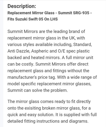 Left Hand Passenger Side Suzuki Swift Mk2 2004-2010 Door Wing Mirror Glass - Picture 3 of 6