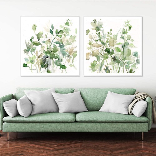 Wall Art 40cmx40cm Sage Garden By Carol Robinson 2 Sets White Frame Canvas - Picture 2 of 4