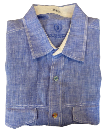 Bugatchi Uomo 100% Linen Shirt Mens Large Shaped Fit Solid Blue Double Pockets - Picture 7 of 9
