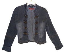 Vin Sz L Jennyfer's Stretchy Jean Jacket Frog Fasteners Navy Blue Standup Collar