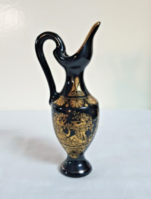 Vintage I Spyropoulos Hand Made Greek Mythology 24K Gold Cobalt Vase Krug Urne