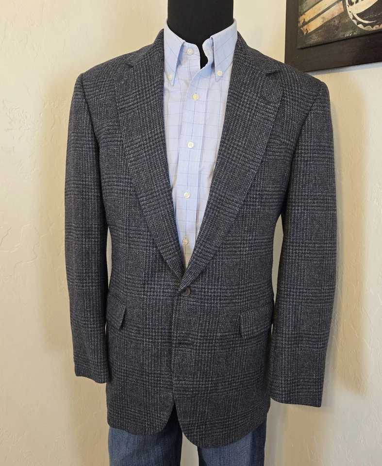 Chaqueta Abrigo Deportivo De Colección Corbin EE. UU. Tweed Azul Gris A Cuadros Hombres 40L 2 Botones Foto 3 de 4