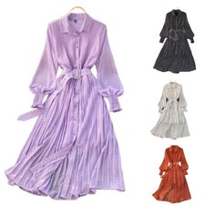 Women Chiffon Pleated Dress Long Puff Sleeve Polka Dot Midi Button with Belt