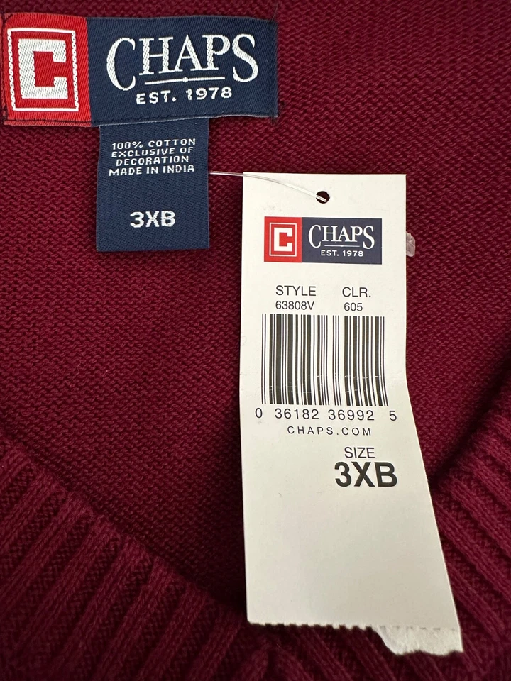 Chaps Men's Sweater Vest Size 3XB Maroon Red V-Neck 100% Cotton - Image 3 of 3
