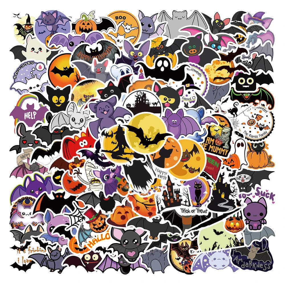 50/100pcs Cute Cartoon Halloween Bats Stickers Kids Toy Waterproof Graffiti For