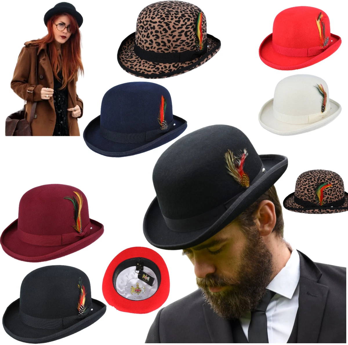 Bowler Hat Wool Unisex Felt Classic English Removable Feather