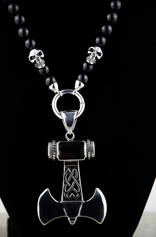 Herren Männer Halskette Rosenkranz Y-Kette Onyx Edelstahl Totenkopf Thors Hammer - Bild 2 von 4
