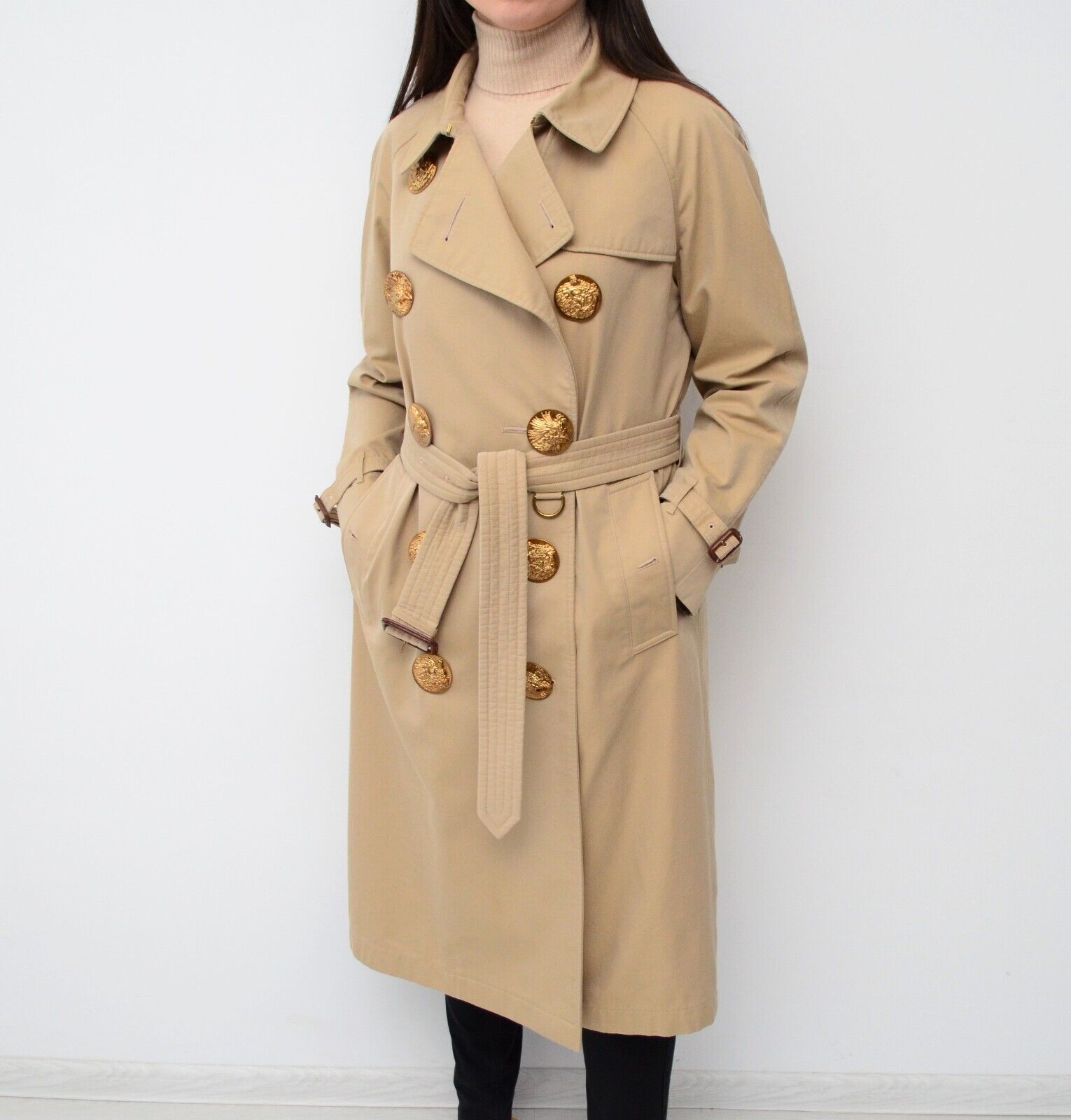 Womens Burberry Gabardine Beige Trench Coat Birds Metal Button Size UK8 ...