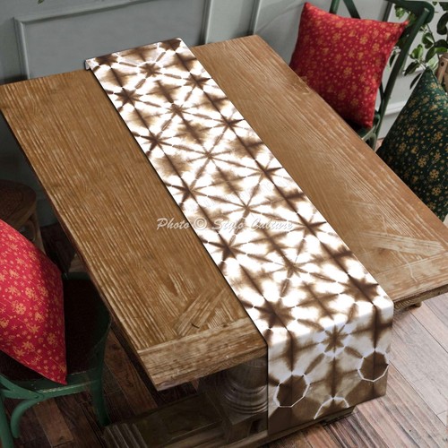 Indian Cotton Table Runner Shibori Geometric Brown Long Boho Tie Dye Tablecloth - Picture 3 of 8