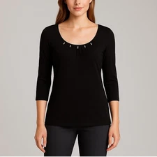 White House Black Market Black Scoop Neck Embellished Top Women's Size Medium