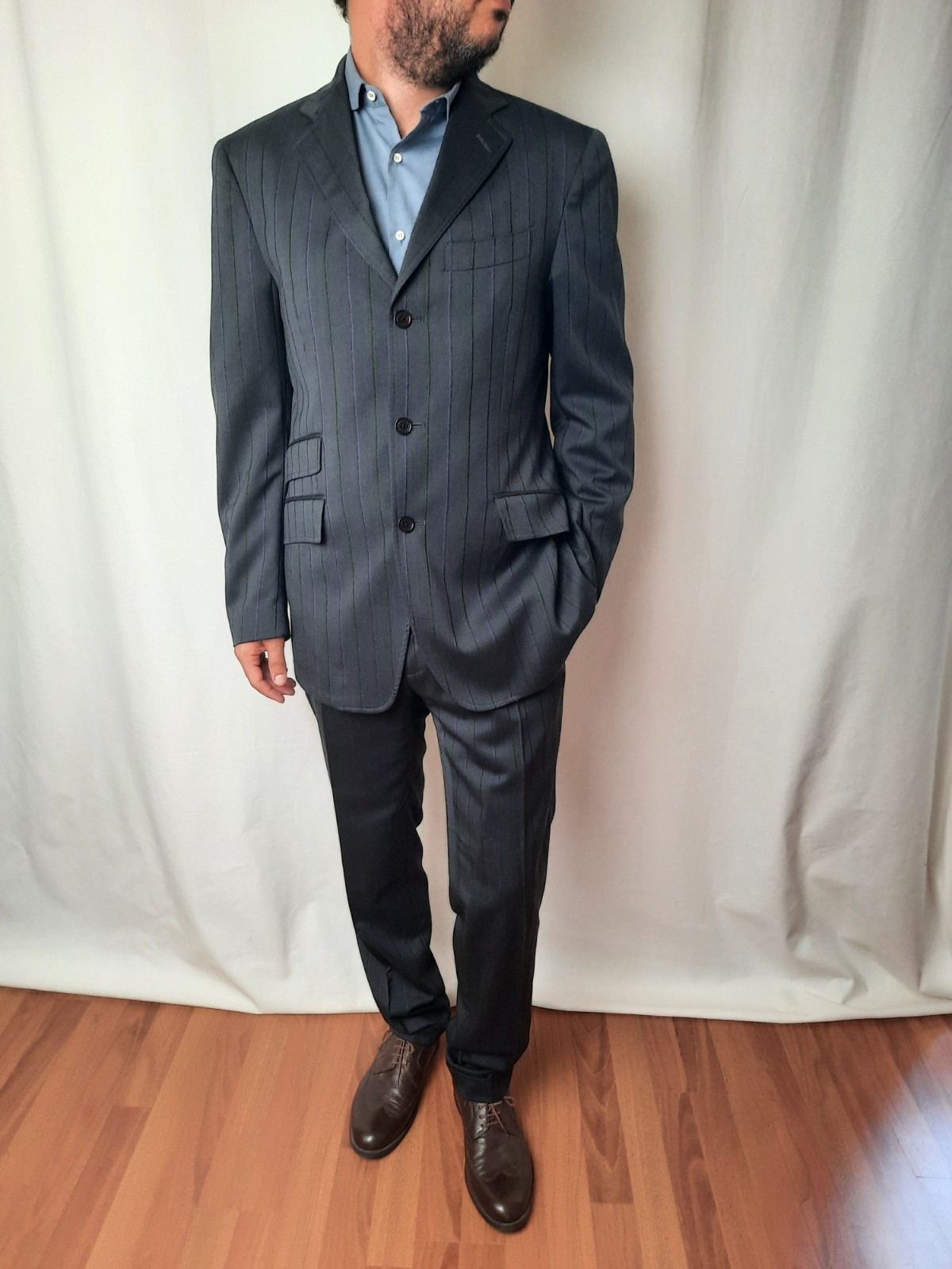 Etro Milano vintage luxury wool dark grey gessato striped suit jacket + trousers
