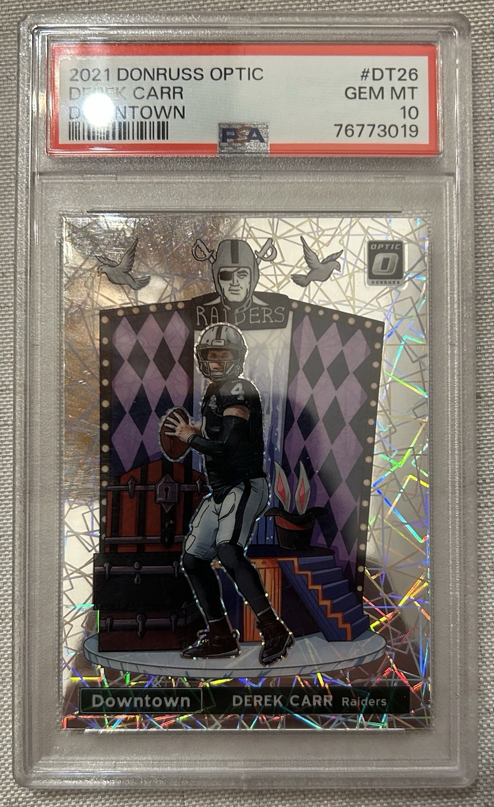 2021 Panini Donruss Optic Downtown Prizm Derek Carr #DT-26 PSA 10 Raiders