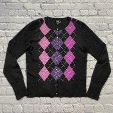 Apt 9 Cardigan Sweater Size M Black Argyle Cashmere Dark Academic Old Money Lux