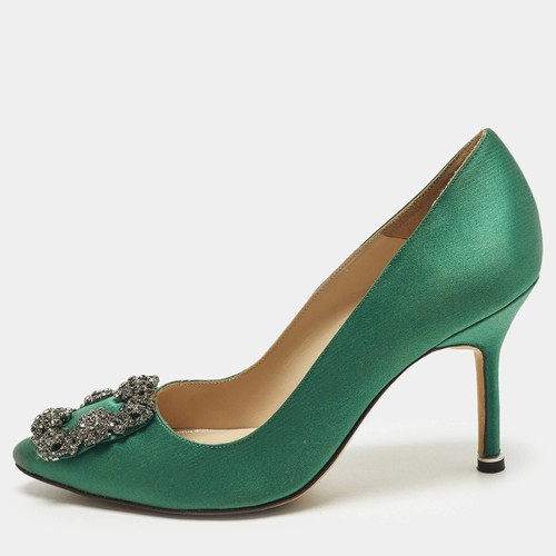 Manolo Blahnik Hangisi Size 34.5 Green Satin Pumps