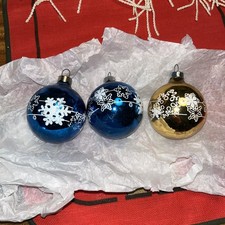 3 Vtg Rauch STENCILED SNOWFLAKES Christmas Ornaments 2 1/4” Gold & Blue