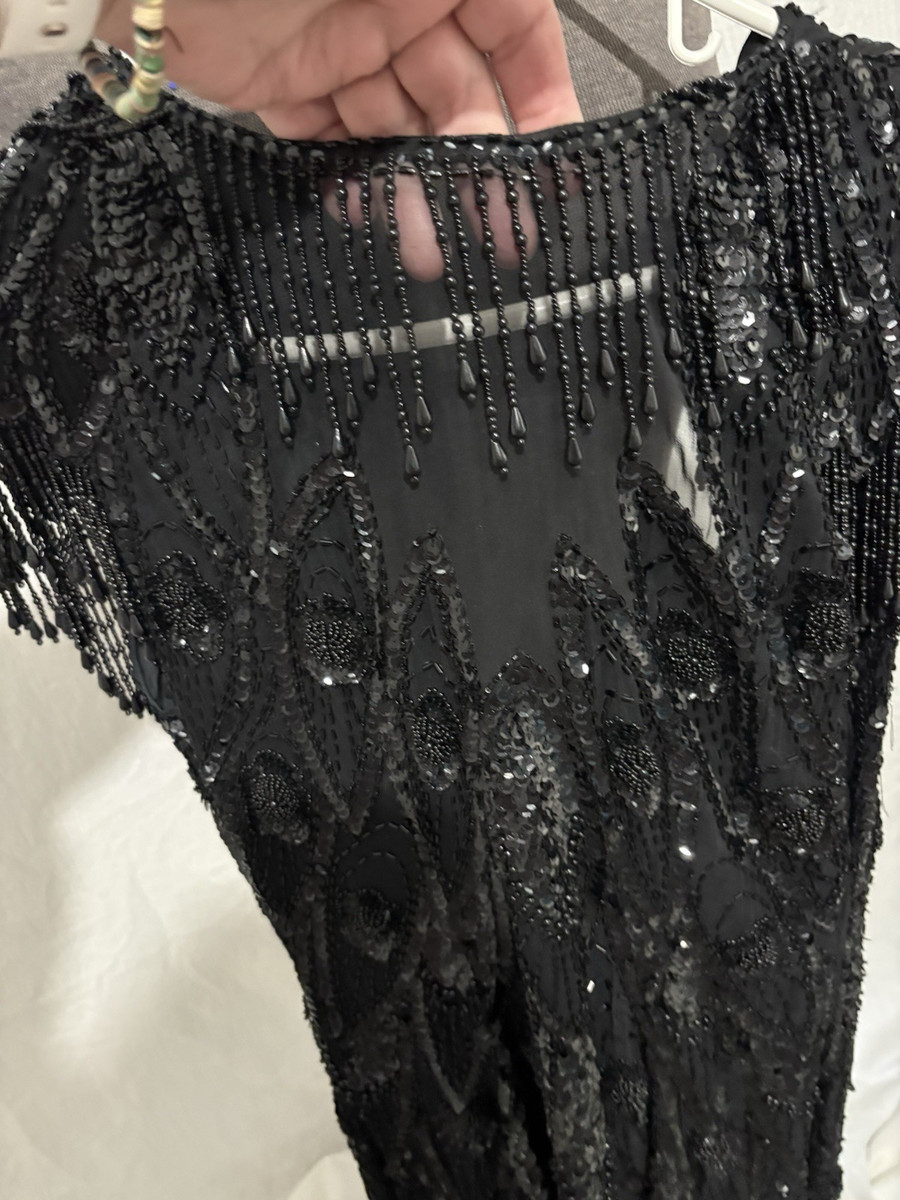 Black Beaded Sequin Mesh Art Deco Midi Sheath Dress Fringe Sleeve Size 4 | eBay Black Beaded Sequin Mesh Art Deco Midi Sheath Dress Fringe Sleeve Size 4 | eBay