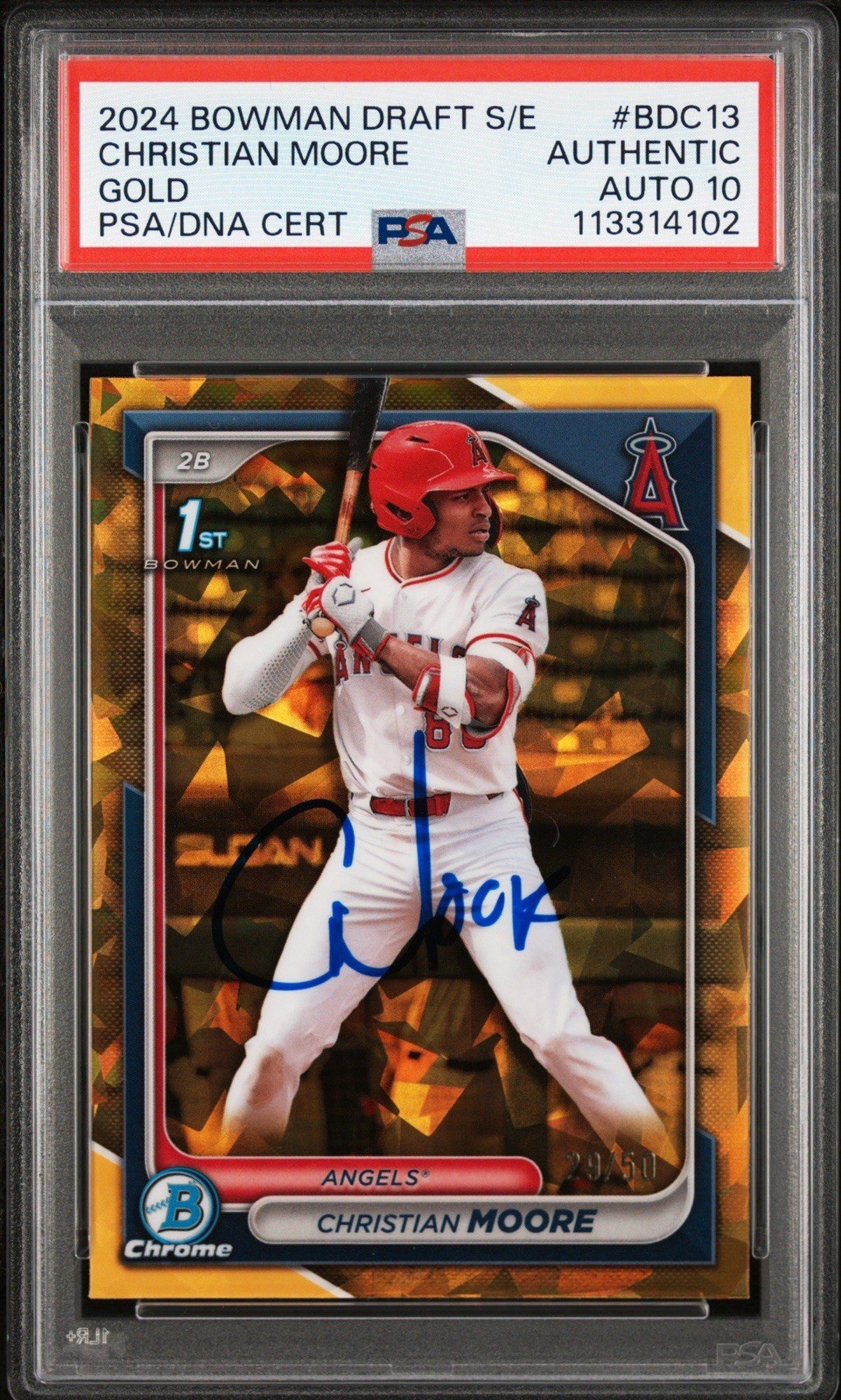 2024 Bowman Chrome Christian Moore Signed Gold Sapphire Rookie /50 PSA 10 Auto