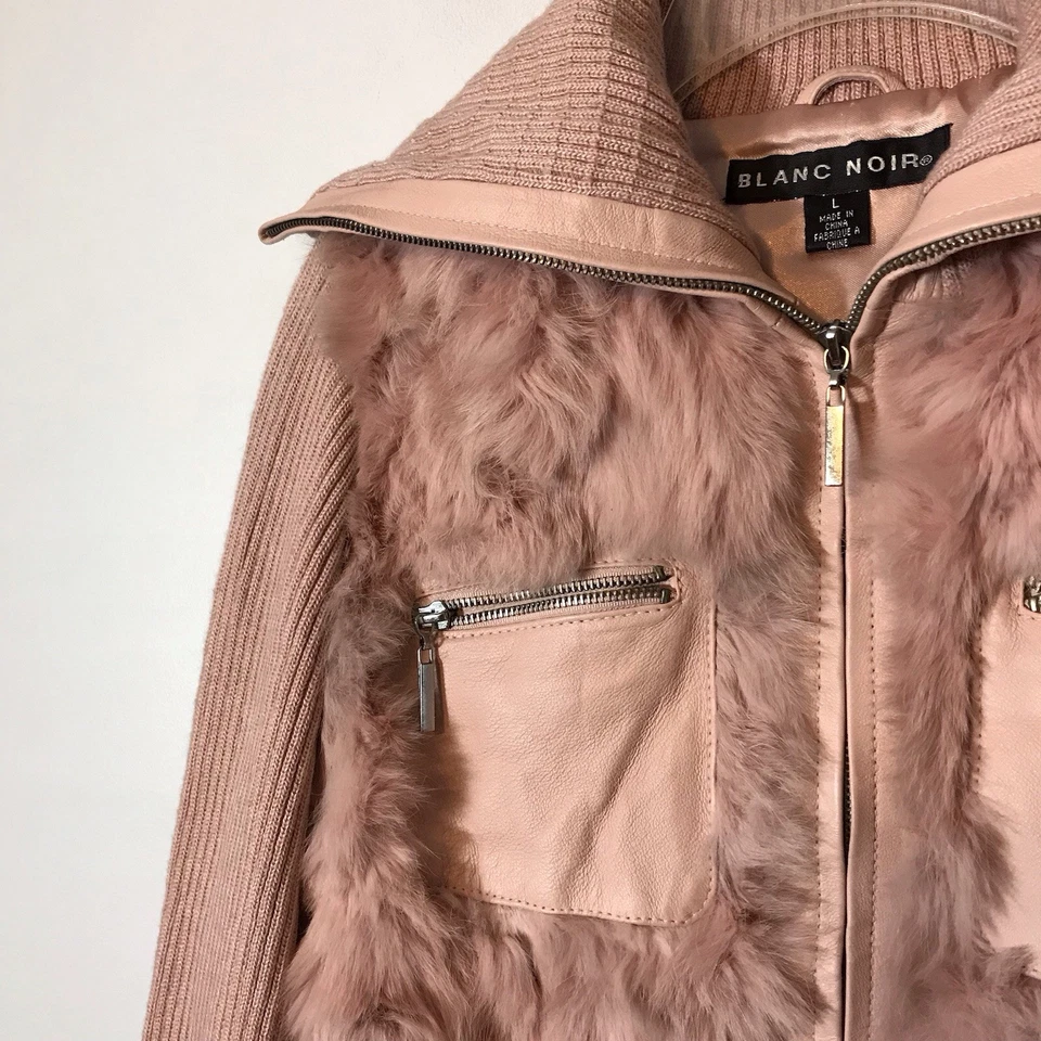 Vintage Rabbit Fur Y2K Blush Pink Leather Trim Ribbed Knit Full Zip Jacket Large - Image 3 of 4