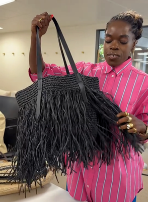 H&M Fringed Straw Handbag Shopper Bag Beach Tote Black Braided