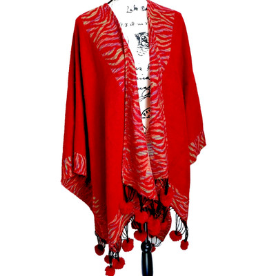 Faux Fur Pom Pom Fringe Shawl Poncho Wrap Sweater One Size Red Boho Hippie