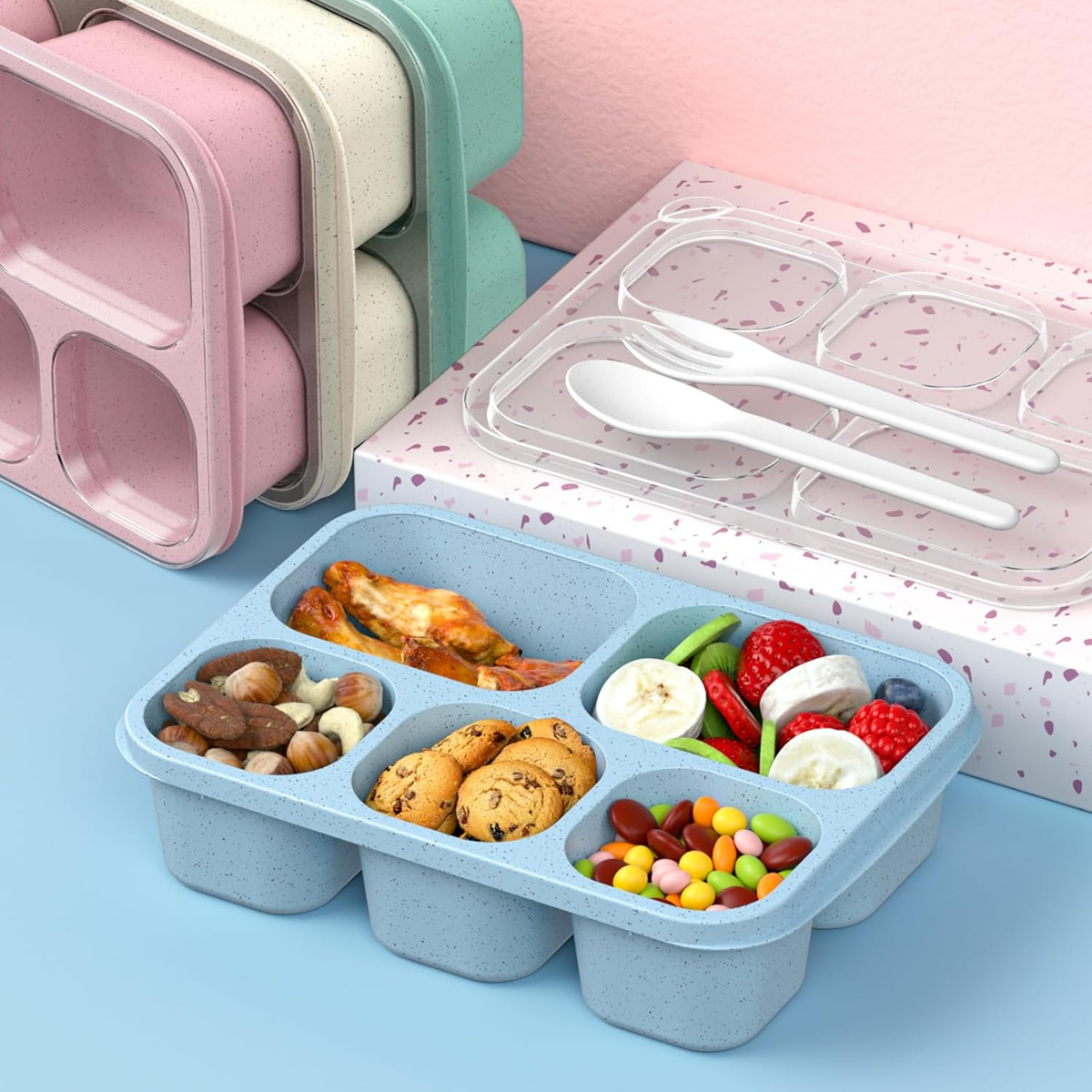 KLLJ Bento Lunch Box avec Compartiments, Anti-Fuite pour Enfant et Adulte - Boîte à Déjeuner Compartimentée avec Couverts KLLJ Bento Lunch Box avec Compartiments, Anti-Fuite pour Enfant et Adulte - Boîte à Déjeuner Compartimentée avec Couverts