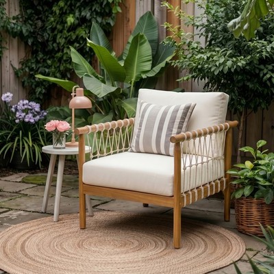 Acacia Wood Rope Club Armchair with Cream Cushions, Teak Finish
