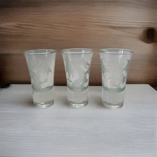Shot Glasses Etched Dragons Set Three (3) Signed 3.5” Height