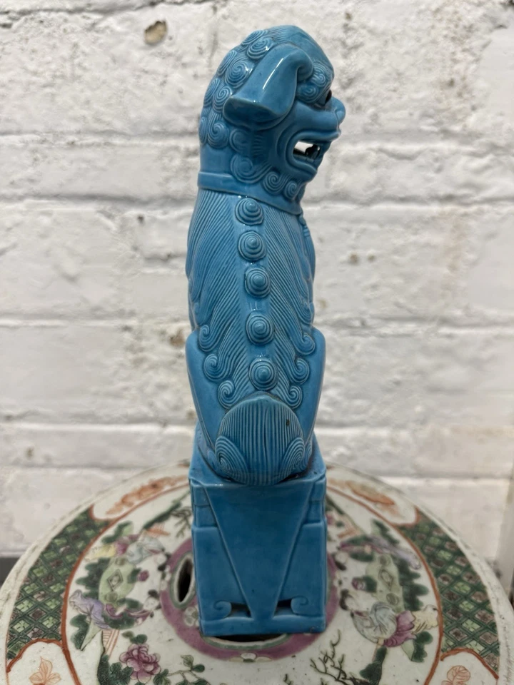 LARGE 12" Vintage Chinese Foo Dog Lion Temple Blue Turquoise Glazed Ceramic - Image 4 of 4