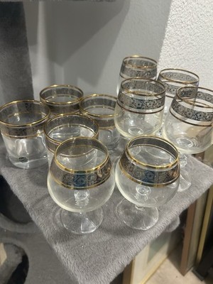 Vintage Gold Rimmed Etched Glasses Set of 8. Bohemia Crystal.  Made In Czech.