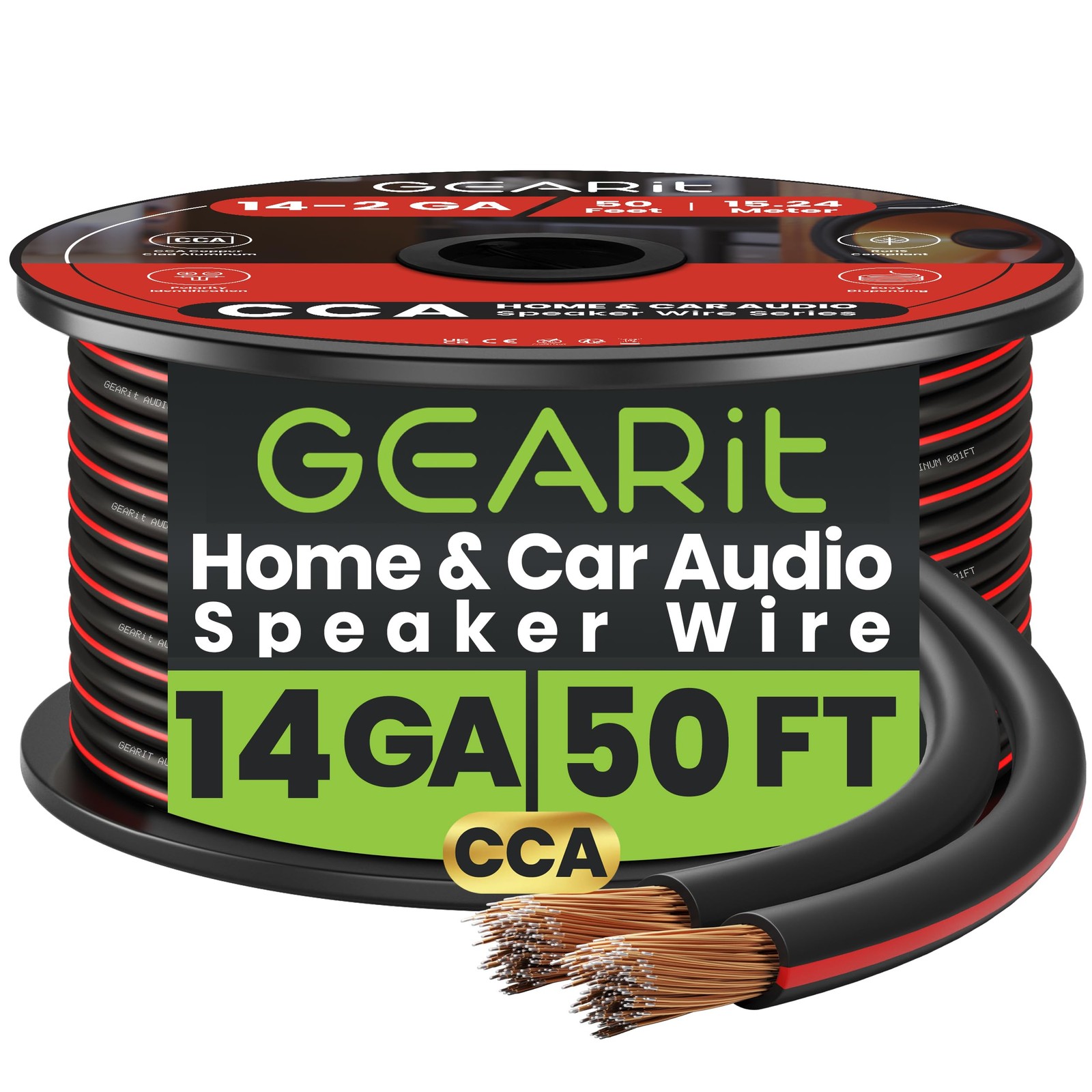 GEARit 14 Gauge Speaker Cable 50ft, 2x2.5mm² CCA Copper Clad 50 feet, Black