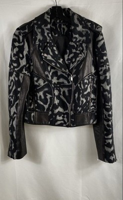 Diane von Furstenberg Women's Moto Jacket Black Gray Lamb Leather Trim Sz 10