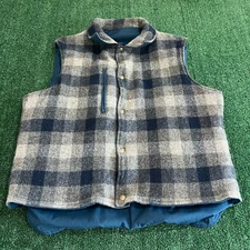 Vintage Woolrich Reversible Wool Plaid Vest Soft Shell Blue Mens XL USA 70s 80s
