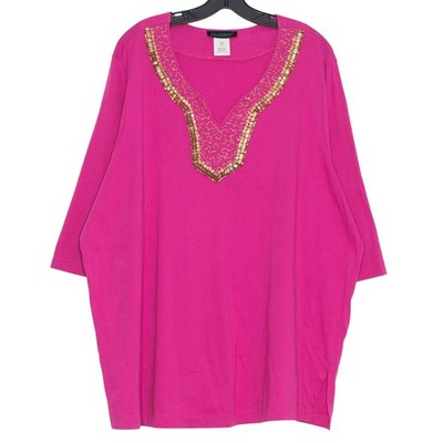 Ulla Popken Top 3/4 Sleeve Embellished Boho Resort Summer Pink Plus Size 20/22