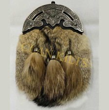 Scottish Handmade Full Dress Fox Fur Sporran with Ornate Thistle Design Cantle