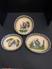 Vintage Tonala Mexican Art Pottery Oval 3 Nesting Casserole Dish Bird Pattern