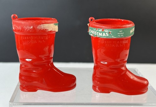 2 Vintage Rosbro Plastic Christmas Santa Boot Candy Ornament Container w/ Label - Picture 3 of 13