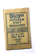 WALTHAM PIONEER UNIT RESILIENT 1907 Model No. 2230 MAIN SPRING