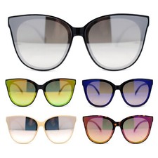 Womens Color Mirror Inset Lens Oversized Cat Eye Horn Rim Retro Sunglasses
