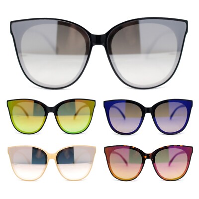 Womens Color Mirror Inset Lens Oversized Cat Eye Horn Rim Retro Sunglasses