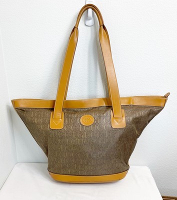 Gucci Vintage Trapezoid Canvas Logo Monogram Tan Gold Leather
